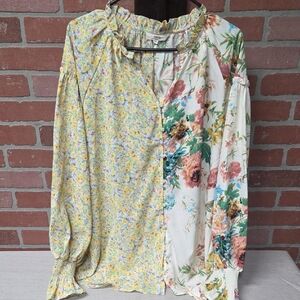 Entro Yellow and Floral Patchwork Blouse 1x